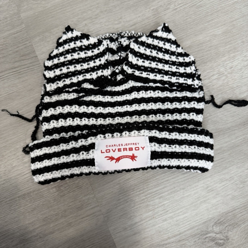 Charles Jeffrey Loverboy Ears Beanie Hat Black White Stripe Knit